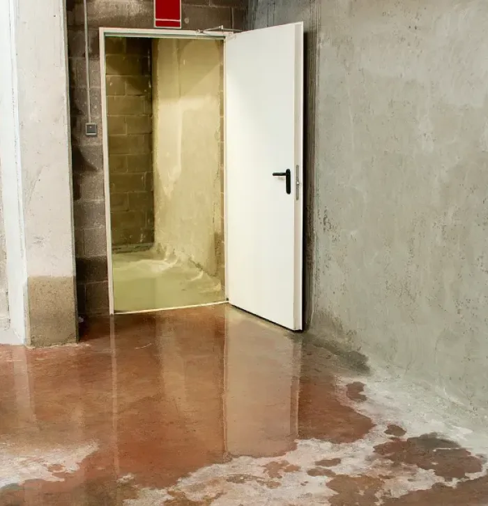 Business basement storage area showing standing water collecting.