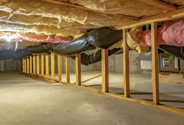 new insulation instaled within the crawl sace beneathe the home.