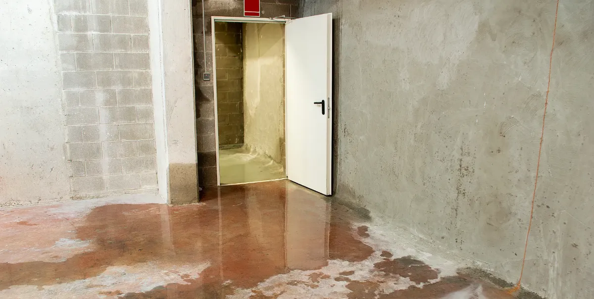 Business basement storage area showing standing water collecting.