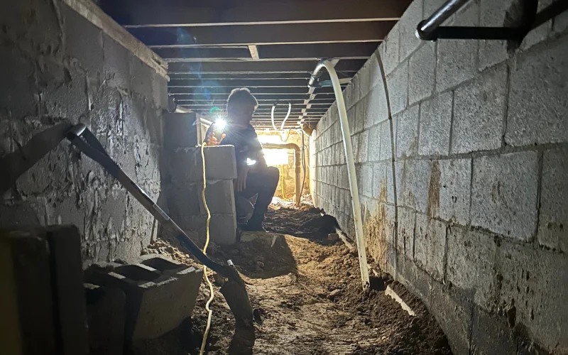 Crawl space inspection looking for mold.