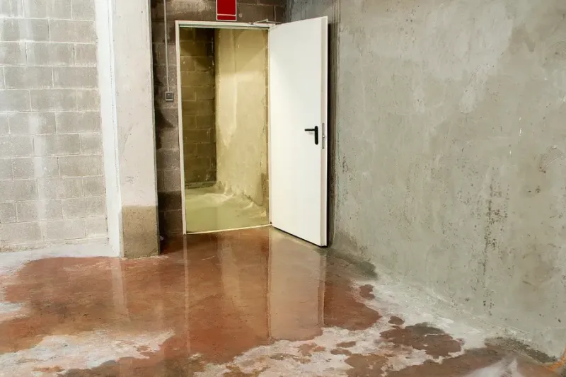 Business basement storage area showing standing water collecting.