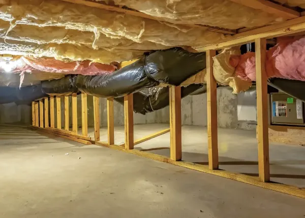 new insulation instaled within the crawl sace beneathe the home.