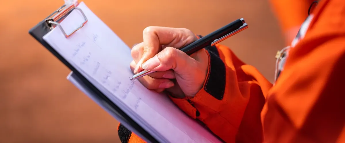 Crawlspace inspector taking notes.