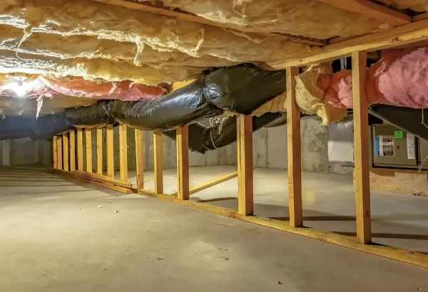 new insulation instaled within the crawl sace beneathe the home.